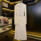 KYLTHOMASW  -   French High-end Elegant Temperament Long Sleeve White Dress for Women Autumn New Half High Neck 3D Flowers Slimming Maxi Dress