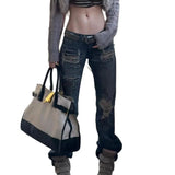 KYLETHOMASW  -  Women Punk Y2K Streetwear Jeans Rivet Ripped Distressed Straight Micro Flare Long Denim Trousers Loose Casual Ladies Pants