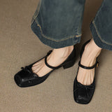 KYLETHOMASW  -  Butterfly-knot Elegant Shallow Mouth Women Pumps 2025 Mary Jane Fashion Square Toe Metal Buckle Thick Heel Dress Ladies Footwear