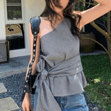 KYLETHOMASW  -  Korea Chic Moda Irregular Skew Collar Vest Plaid Lace Up Off Shoulder Sling Camis New Elegant Ball Gown Slim Waist Tees