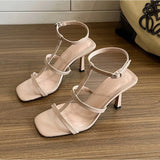 KYLETHOMASW  -  High-heeled Sandals Women's Versatile Ice-through Nude One-word Strap Sandals Summer Square-heeled High Heels Women