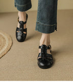 KYLETHOMASW  -  Sandals Women Low Thick Heel Genuine Leather Hook and Loop Back Strap Casual Sandals Summer Solid Color Shoes Fashion New