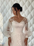 Kylethomasw Modest O-neck Long Sleeves Wedding Dresses Classic Lace Applique Bride Robe Elegant A Line Tulle Long Bridal Gown Robe De Mariée