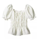 KYLETHOMASW  -  French Style Retro White Short Puff Sleeve Shirt Women Ruched Elastic Slim Waist Summer Crop Tops