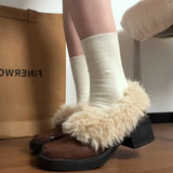 KYLETHOMASW  -  Fur Lining Women Mary Jane Shoes Elegant Square Toe Slip On Footwear 2026 Spring Autumn Keep Warm Ladies Thick Heel Single Shoes