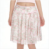 KYLETHOMASW  -  Sweet Pink Floral Print Chiffon Mini Skirt | High Waist Ribbon Tie Ruffle A-Line Skirt | Y2K Kawaii Summer Skirt for Women Lady