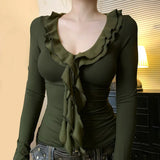 KYLETHOMASW  -  American Vintage Ruffles V-neck Long Sleeve Tshirts Solid Slim Fit Casual Pullover Tee Spring New Y2k Aesthetic Ropa Mujer