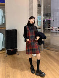 KYLETHOMASW  -  Christmas Red Plaid Strap Dress Female Autumn Winter New Vintage Dresses Slimming Sweet Age Reduction Woolen Base Skirt