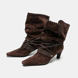 KYLETHOMASW  -  Autumn Winter Faux Suede Weave Lace-up Women Motorcycle Boots Fashion High heels Chelsea Western Mid-Calf Short Booties Shoes