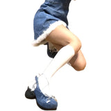 Kylethomasw Denim Chunky Heel Bow Mary Jane Sandals Buckle Metal Decoration Square Toe Lace Up Pumps Shallow Wrinkled Woolen Women Shoes