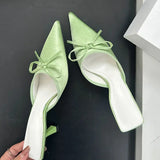 KYLETHOMASW  -  New Butterfly-knot Women Slipper Summer Pointed Toe  Slip on Ladies Mules Thin Low Heel Satin Slide Sandals Zapatos Mujer