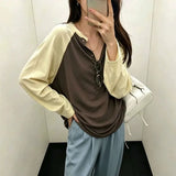 KYLETHOMASW  -  Korean Autumn Versatile Loose Pullover Top Niche Fashion Contrasting Long Sleeved Knitted Top Casual Button Decoration Loose Top