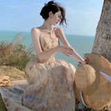 Kylethomasw New French Holiday Fairy Beach Style Women's Long Dress Fragmented Chiffon Strap Fashion Elegant Dress