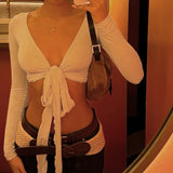 KYLETHOMASW  -  Ins niche design irregular deep V-knot tied long sleeved cover shirt solid color basic versatile temperament short cardigan