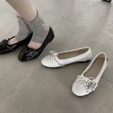 KYLETHOMASW  -  New Women's Shallow Mouth Single Shoes Block Studded Ballet Flats Lace Up Bow Round Toe Slip on Punk Casual Daily Flat Shoes
