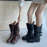 KYLETHOMASW  -  Retro Round Toe Lace-up Mid-calf Boots Women Fashion Belt Buckle Thick Bottom Platform Boots Comfort Non-slip Outdoor Biker Boot