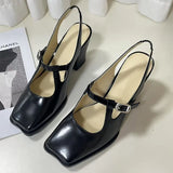 KYLETHOMASW  -  Fashion Black Patent Leather Mary Janes Slingbacks Women Pumps Spring Summer Wave Toe Chunky High Heels Office Lady Daily Shoes