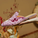 KYLETHOMASW  - Women's embroidery velvet slip-on flats summer mules round toe pigskin inside sheepskin insole casual female sandals shoes woman