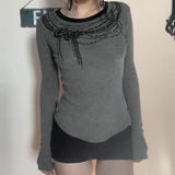 KYLETHOMASW  -  Fashionable dark chain print contrasting round neck long sleeved simple grey slim fit slimming front shoulder top