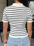 KYLETHOMASW  -  Simple Striped Slim Fit Patchwork Women Camisole Tops  Short Sleeve Causal Basic Simple Chic Blouses