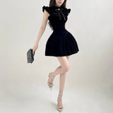 KYLETHOMASW  - Elegant Flying Sleeve A-line Velvet Dress Black Sweet Japanese Style Sleeveless Princess Mini Dresses for Party Holiday