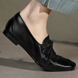 KYLETHOMASW  -  Women's genuine leather patchwork square toe lace-up flats loafers high quality soft comfortable casual female daily shoes woman