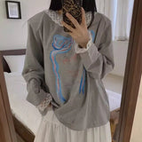 KYLETHOMASW  -  Korean Temperament Bow Letter Printed T-shirt Women Spring New Patchwork Lace Edge Long Sleeved Top