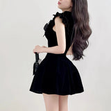 KYLETHOMASW  - Elegant Flying Sleeve A-line Velvet Dress Black Sweet Japanese Style Sleeveless Princess Mini Dresses for Party Holiday