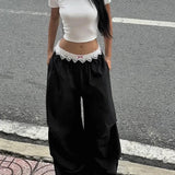Kylethomasw Korean Retro Contrast Color Lace Patchwork Pants Women Autumn New High Waist Loose Casual All Match Wide Leg Pants