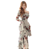 KYLETHOMASW  -  2024 Summer French Vintage Boho Print Midi Dress Women Casual Elegant One Shoulder Dress Korean Fashion Even Party Female Chic