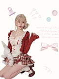 KYLTHOMASW  -   Red Sweet Cherry Summer Skirts Set Women Clothing Red Short Cardigan+Tank Top+High Waist Splicing Plaid Skirt Three Piece Set