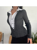 Kylethomasw  -  Woman Long Sleeve Fall Lapel Collar T-Shirts Knit Crochet Patchwork Top Single Breasted Tees Fake Two Pieces Classical Chic Ins