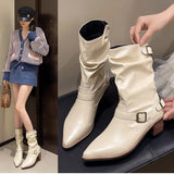 KYLETHOMASW  -  Autumn Winter Women Western Cowboy Boots Vintage Slip On Thick Heel Shoes Ladies Mid Calf Botas Zapatos De Mujer