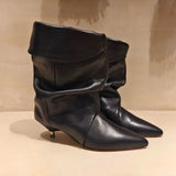 KYLETHOMASW  -  Small Niche Pleated Pile Boots for Women New Autumn and Winter Cat Heel Short Shoes Pointed Western Cowboy Boots Women's