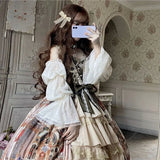 KIylethomasw Elegant Vintage Oil Painting Lolita Strap Dress for Women Slim Waist Bow Jsk Dresses Y2k Aesthetics Ruched Vestidos Mujer