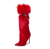 KYLETHOMASW  -  Pink Y2k Stiletto Metal Chain Boots Autumn Winter New Sexy Black High-heeled Fur Boots   on off