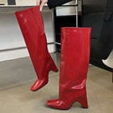 KYLETHOMASW  -   New Designer Knee High Boots Women Square Toe Chunky Knight Boots Ladies Red Black Wide Calf Boot Fashion High Long Boots Women