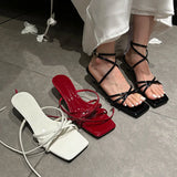 KYLETHOMASW  -  Fashion Cross-tied Women Low Heel Sandals Shoes Shallow Female Square Toe Footwear Sexy Ladies Heeled Shoes Sandals Pumps