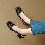 KYLETHOMASW  -  Woven Square-toed High-heeled Sandals Summer Fashionable Skeletonized Leather Fabric Mid-heel Shoes Zapatillas De Mujer