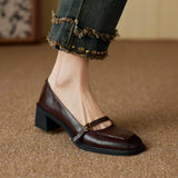 KYLETHOMASW  -  New Retro Square Head Thick Heel Single Shoes Women's Shoes Medium Heel Mary Jane Shoes Woman High Heels Leather