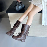 KYLETHOMASW  -  Retro Round Toe Lace-up Mid-calf Boots Women Fashion Belt Buckle Thick Bottom Platform Boots Comfort Non-slip Outdoor Biker Boot