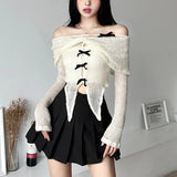 Kylethomasw  Apricot Gentle Sweet Mature Mature Beautiful Sexy All-match Casual Women Autumn One-line Collar Knitted Mesh Dovetail Top