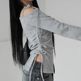 KYLETHOMASW  -  Slant shoulder lace up drawstring long sleeved T-shirt for spicy girls, waist cinching, pleating, side slit versatile top