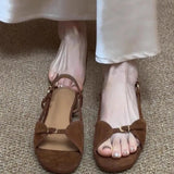 KYLETHOMASW  -  Women's Fashion Sandals New Summer Round Head Soft Frosted Open Toe Hollow Belt Buckle Flats