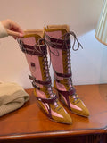 KYLETHOMASW  -  Retro Mixed Color Front Lace Up Modren Boots Autumn NEW Belt Buckle Strap Casual Boots Pointed Toe Mid Heel Sexy Lady Boots