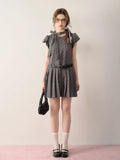 KYLETHOMASW  -  Kawaii Grey Dot Pleat Mini Dress for Women Bow Lace Up Puff Sleeve Birthday Dress Vintage Fashion Cute Girl Summer Dress