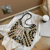 KYLETHOMASW  -  Women Straw Woven Tote Bag Casual Handbag Large Capacity Summer Crochet Shoulder Bag with Bow Patchwork for Outdoor Travel