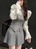 KYLETHOMASW  -  Sweet 3 Piece Set Women Flare Sleeve Shirt Square Collar Vest Pleated Mini Skirt Autumn Spring Solid Y2K Korean Chic Outfits New