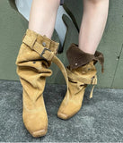 KYLETHOMASW  -  European and American Warm Furry Pile Pile Western Boots New Retro Large Round Knight Boots