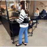 KYLETHOMASW  -  Casual Striped Women Sweater Fashion Long Lantern Sleeve Button O-neck Female Pullover 2025 Spring Autumn Chic Lady Knitwear